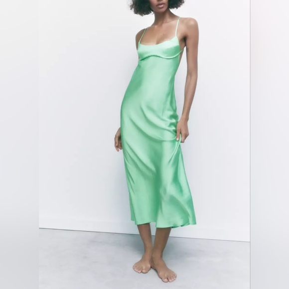 Zara Light Green Satin Camisole/Slip Midi Dress BNWT - Picture 4 of 12